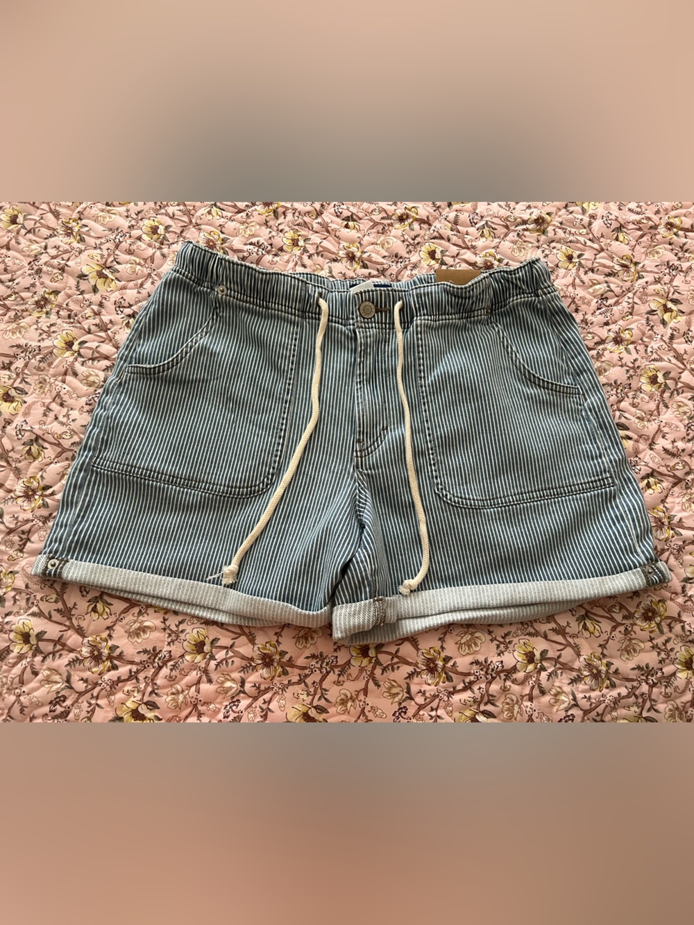Striped Drawstring Cotton Shorts - Blue & White